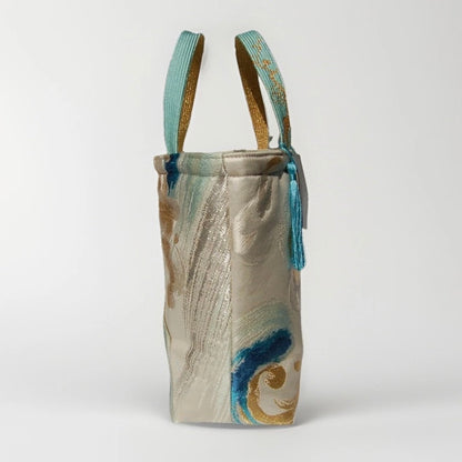 Vintage Nishijin Obi Mini Tote Bag — Turquoise & Gold Standing Wave on Silver Silk