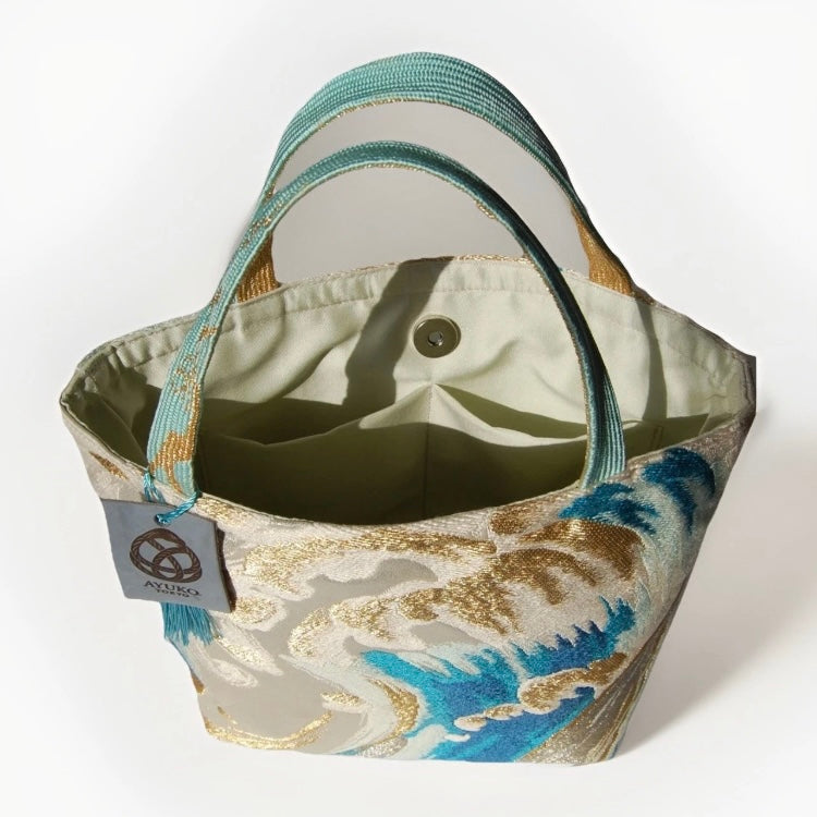 Vintage Nishijin Obi Mini Tote Bag — Turquoise & Gold Standing Wave on Silver Silk