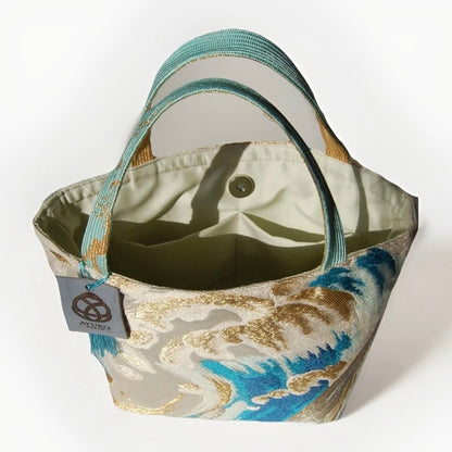 Vintage Nishijin Obi Mini Tote Bag — Turquoise & Gold Standing Wave on Silver Silk