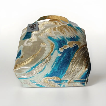 Vintage Nishijin Obi Mini Tote Bag — Turquoise & Gold Standing Wave on Silver Silk