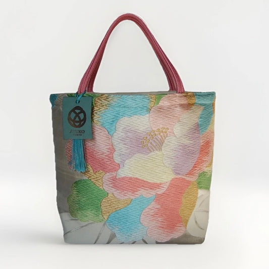 Vintage Fukuro Obi Mini Tote Bag — Colorful Peony on Silver Silk