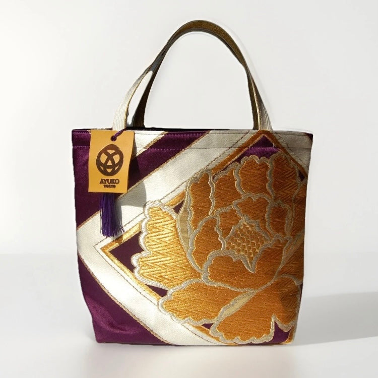 Vintage Fukuro Obi Mini Tote Bag — Gold Peony & Kikkō on Purple Silk
