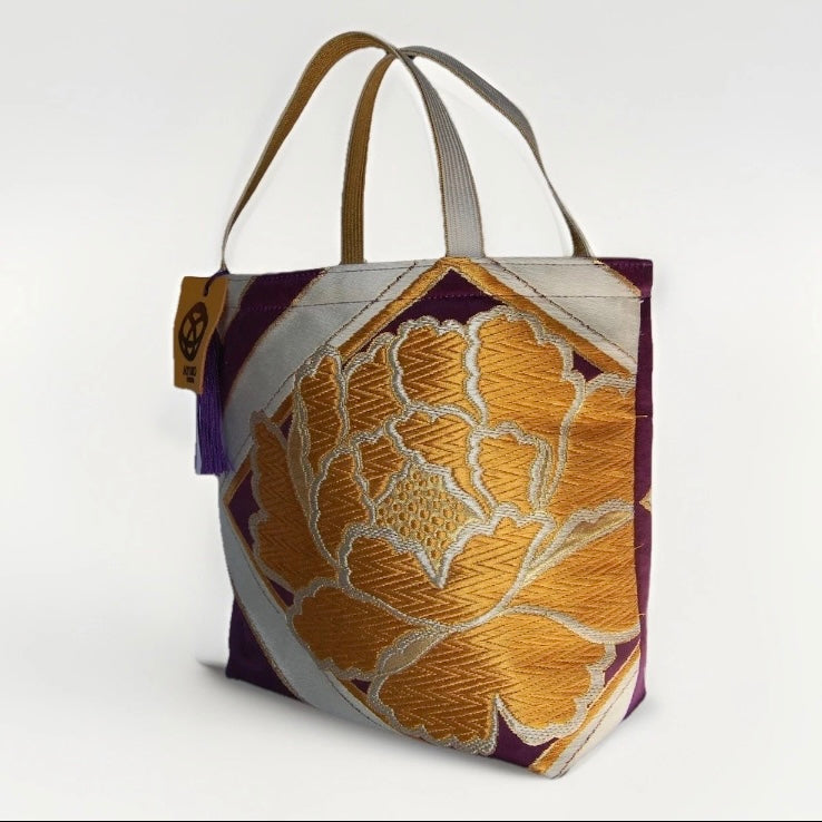 Vintage Fukuro Obi Mini Tote Bag — Gold Peony & Kikkō on Purple Silk