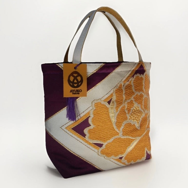 Vintage Fukuro Obi Mini Tote Bag — Gold Peony & Kikkō on Purple Silk