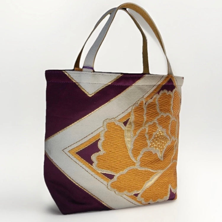 Vintage Fukuro Obi Mini Tote Bag — Gold Peony & Kikkō on Purple Silk