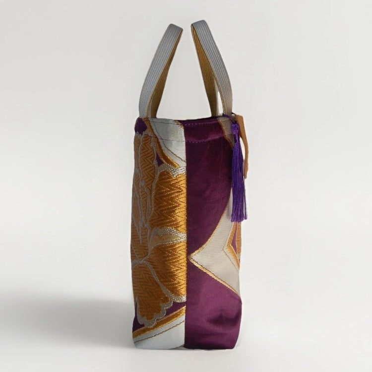 Vintage Fukuro Obi Mini Tote Bag — Gold Peony & Kikkō on Purple Silk