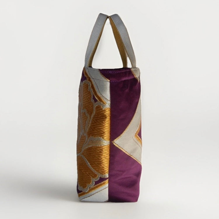 Vintage Fukuro Obi Mini Tote Bag — Gold Peony & Kikkō on Purple Silk
