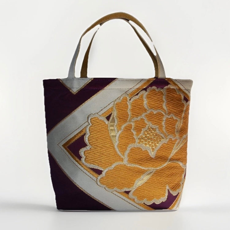 Vintage Fukuro Obi Mini Tote Bag — Gold Peony & Kikkō on Purple Silk