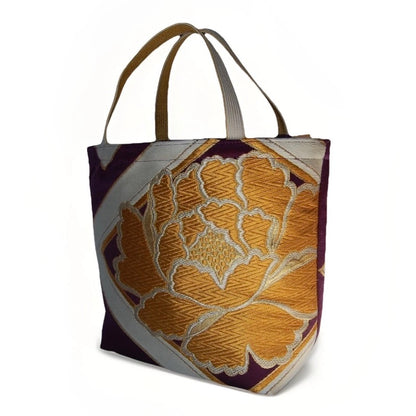 Vintage Fukuro Obi Mini Tote Bag — Gold Peony & Kikkō on Purple Silk