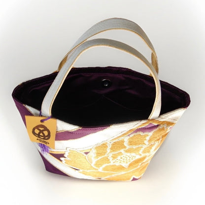 Vintage Fukuro Obi Mini Tote Bag — Gold Peony & Kikkō on Purple Silk