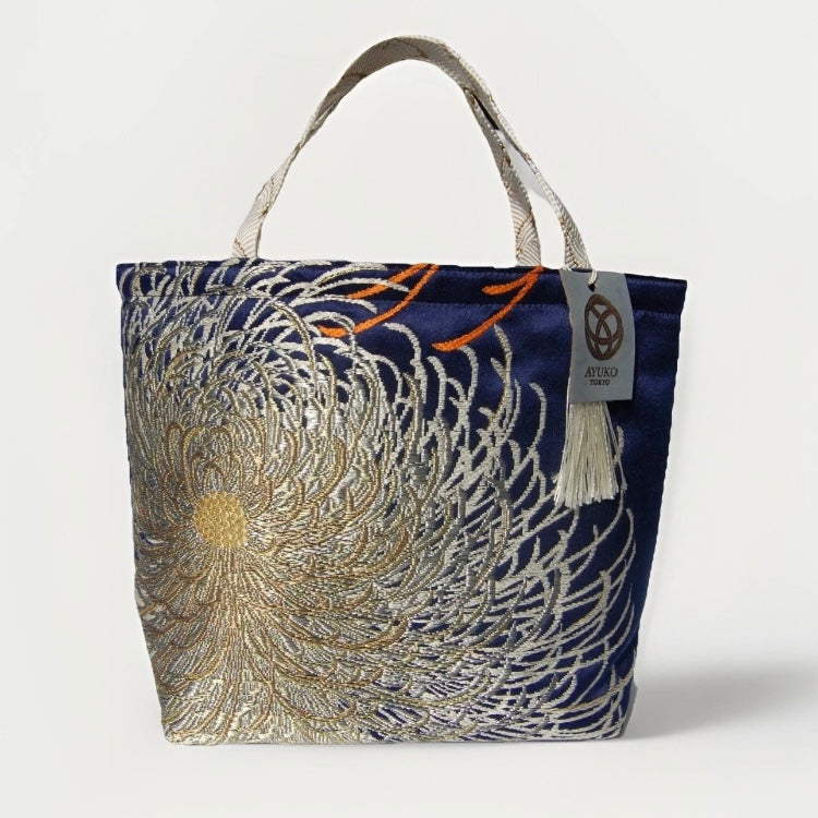 Rangiku 乱菊 Chrysanthemum Vintage Obi Silk Tote in Navy Silver