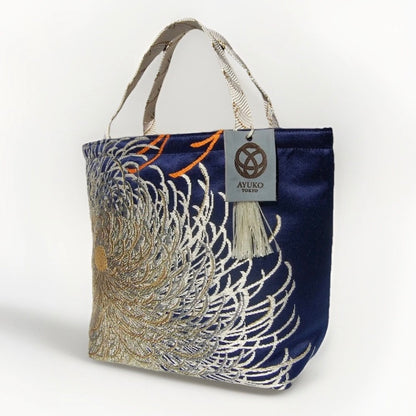 Rangiku 乱菊 Chrysanthemum Vintage Obi Silk Tote in Navy Silver