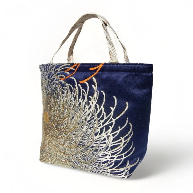 Rangiku 乱菊 Chrysanthemum Vintage Obi Silk Tote in Navy Silver