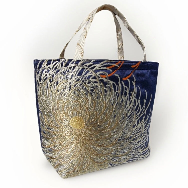 Rangiku 乱菊 Chrysanthemum Vintage Obi Silk Tote in Navy Silver