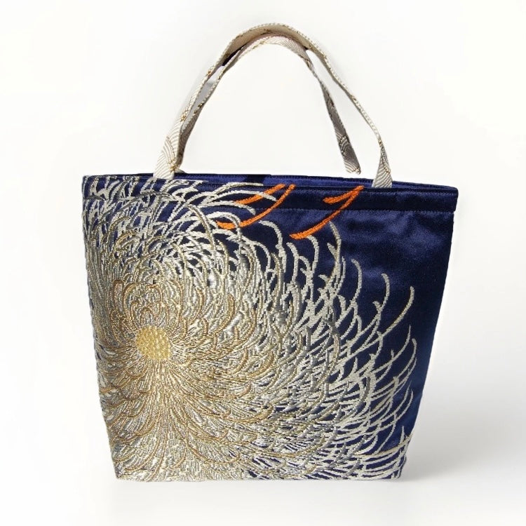 Rangiku 乱菊 Chrysanthemum Vintage Obi Silk Tote in Navy Silver