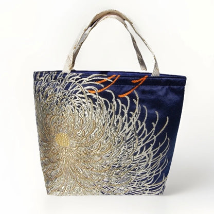 Rangiku 乱菊 Chrysanthemum Vintage Obi Silk Tote in Navy Silver