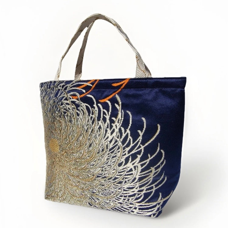Rangiku 乱菊 Chrysanthemum Vintage Obi Silk Tote in Navy Silver