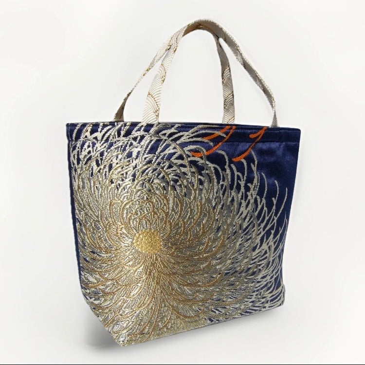 Rangiku 乱菊 Chrysanthemum Vintage Obi Silk Tote in Navy Silver