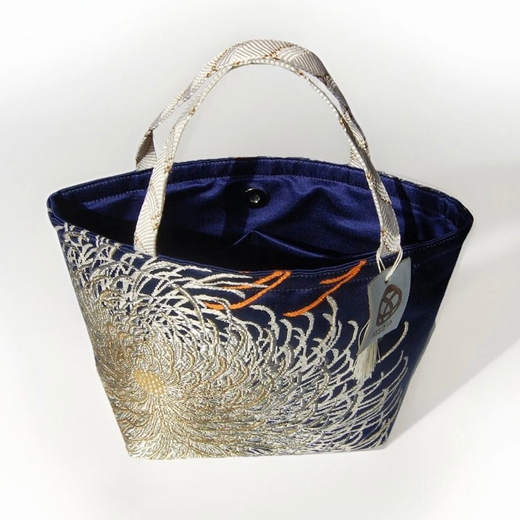 Rangiku 乱菊 Chrysanthemum Vintage Obi Silk Tote in Navy Silver