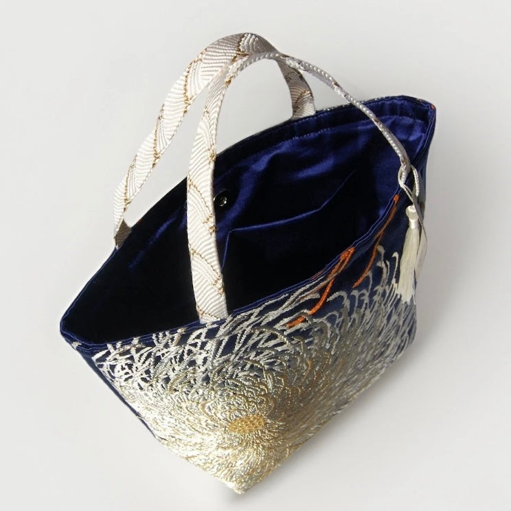 Rangiku 乱菊 Chrysanthemum Vintage Obi Silk Tote in Navy Silver