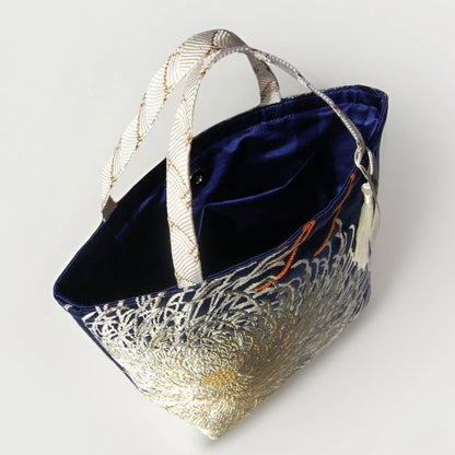 Rangiku 乱菊 Chrysanthemum Vintage Obi Silk Tote in Navy Silver
