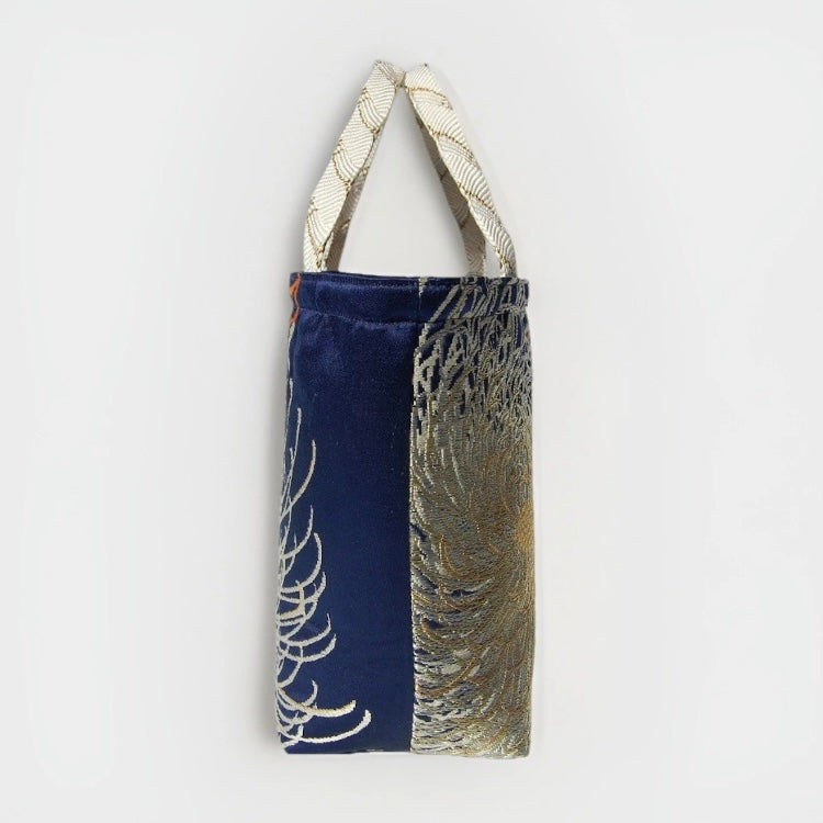 Rangiku 乱菊 Chrysanthemum Vintage Obi Silk Tote in Navy Silver