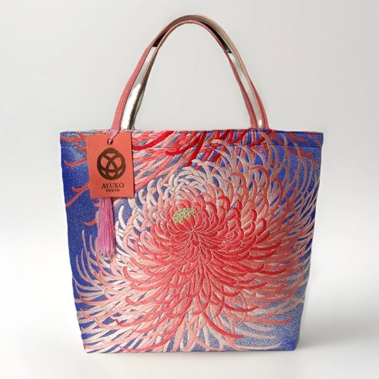 Rangiku 乱菊 Chrysanthemum Vintage Obi Silk Tote in Coral Indigo