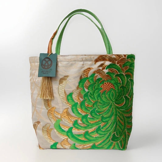 Rangiku 乱菊 Chrysanthemum Vintage Obi Silk Tote in Green Gold