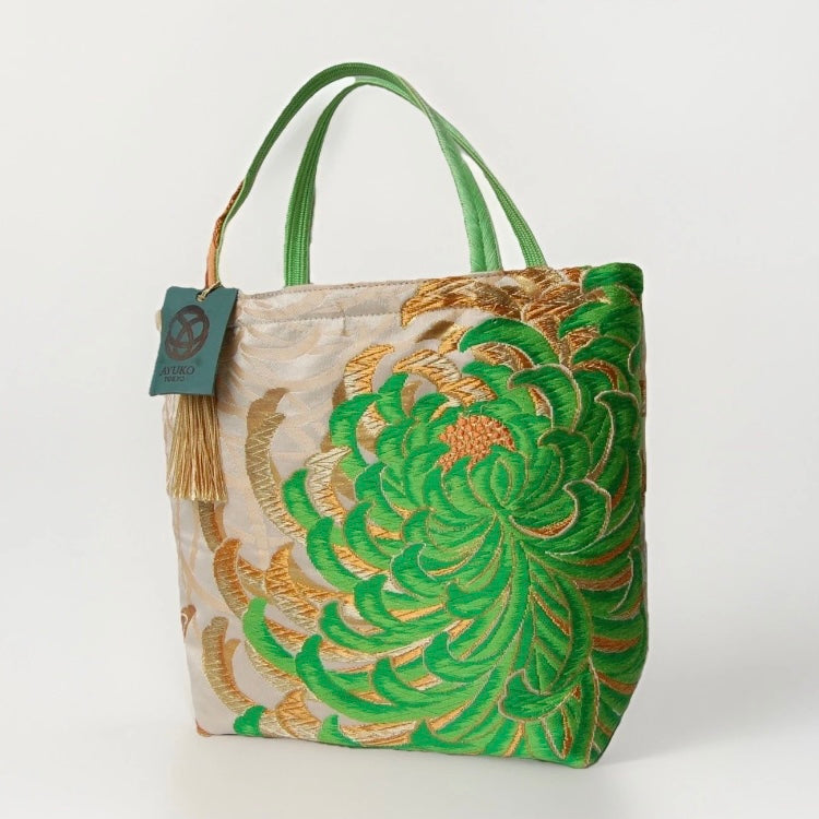 Rangiku 乱菊 Chrysanthemum Vintage Obi Silk Tote in Green Gold