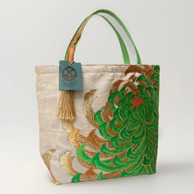 Rangiku 乱菊 Chrysanthemum Vintage Obi Silk Tote in Green Gold