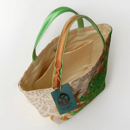 Rangiku 乱菊 Chrysanthemum Vintage Obi Silk Tote in Green Gold
