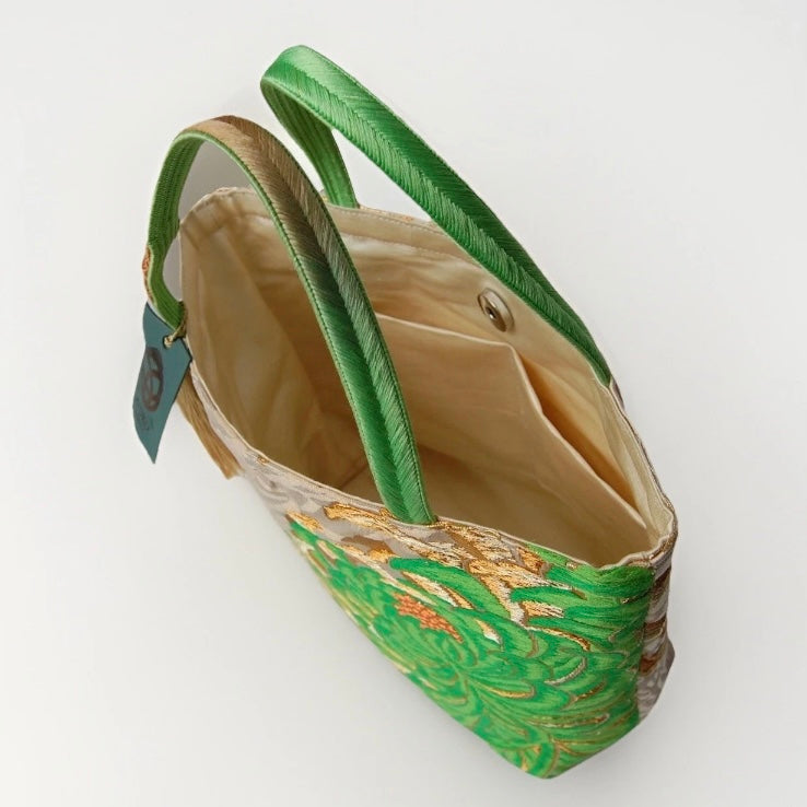 Rangiku 乱菊 Chrysanthemum Vintage Obi Silk Tote in Green Gold