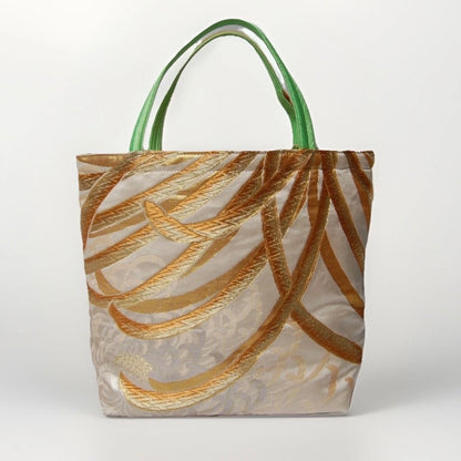 Rangiku 乱菊 Chrysanthemum Vintage Obi Silk Tote in Green Gold