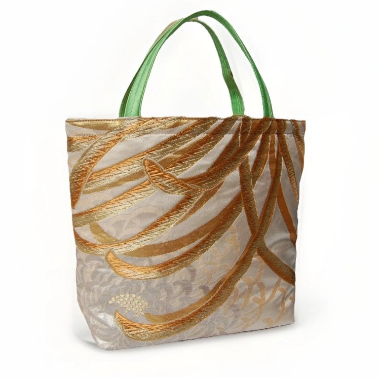 Rangiku 乱菊 Chrysanthemum Vintage Obi Silk Tote in Green Gold
