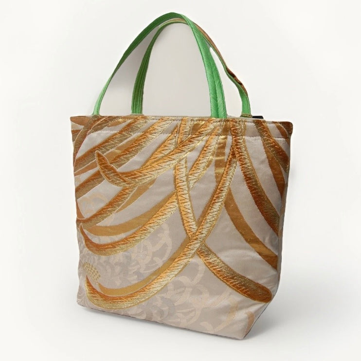 Rangiku 乱菊 Chrysanthemum Vintage Obi Silk Tote in Green Gold