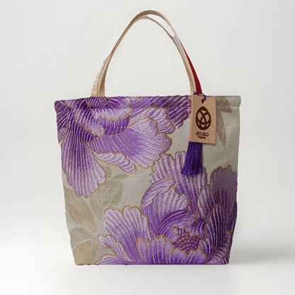 Vintage Fukuro Obi Mini Tote Bag — Purple Peony Gradation on Pale Silk