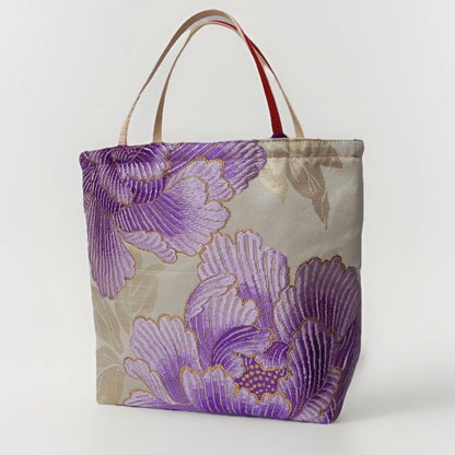 Vintage Fukuro Obi Mini Tote Bag — Purple Peony Gradation on Pale Silk