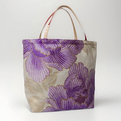 Vintage Fukuro Obi Mini Tote Bag — Purple Peony Gradation on Pale Silk