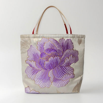 Vintage Fukuro Obi Mini Tote Bag — Purple Peony Gradation on Pale Silk