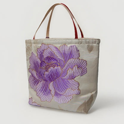 Vintage Fukuro Obi Mini Tote Bag — Purple Peony Gradation on Pale Silk