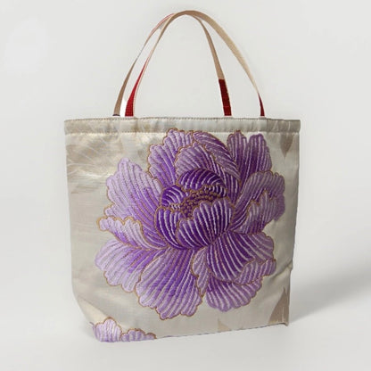 Vintage Fukuro Obi Mini Tote Bag — Purple Peony Gradation on Pale Silk