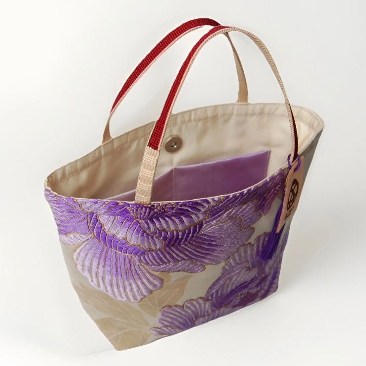 Vintage Fukuro Obi Mini Tote Bag — Purple Peony Gradation on Pale Silk