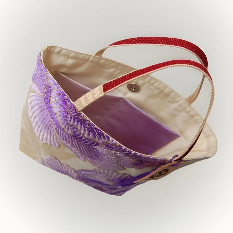 Vintage Fukuro Obi Mini Tote Bag — Purple Peony Gradation on Pale Silk
