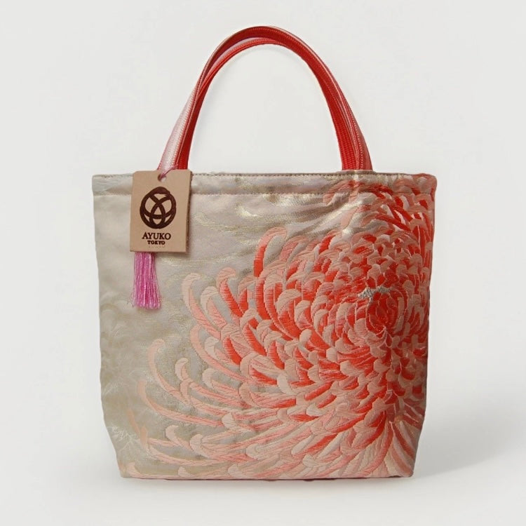 Rangiku 乱菊 Chrysanthemum Vintage Obi Silk Tote in Pink Silver