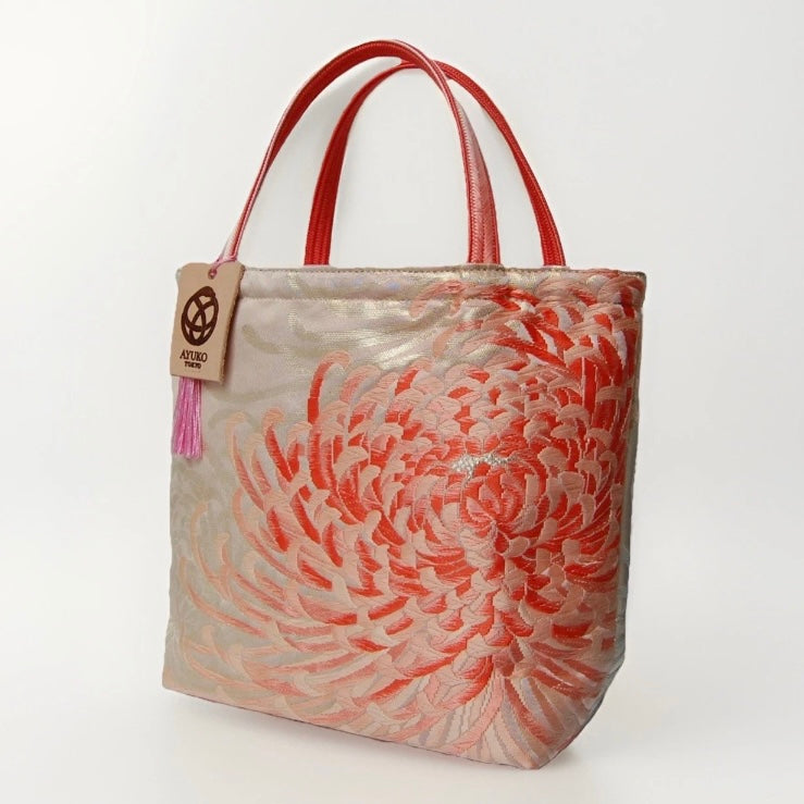 Rangiku 乱菊 Chrysanthemum Vintage Obi Silk Tote in Pink Silver