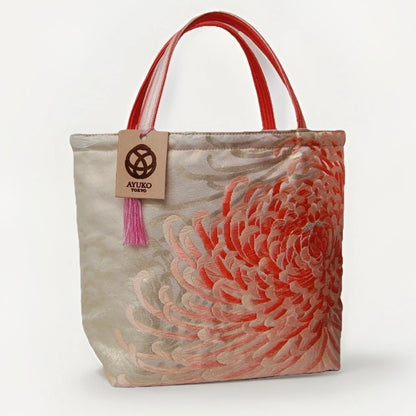 Rangiku 乱菊 Chrysanthemum Vintage Obi Silk Tote in Pink Silver