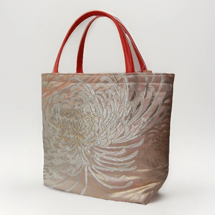 Rangiku 乱菊 Chrysanthemum Vintage Obi Silk Tote in Pink Silver