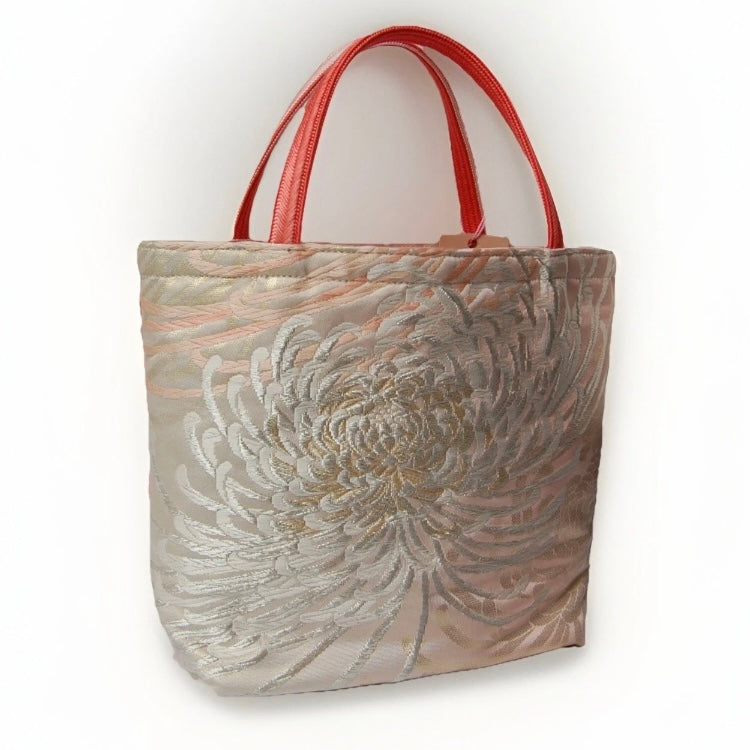 Rangiku 乱菊 Chrysanthemum Vintage Obi Silk Tote in Pink Silver