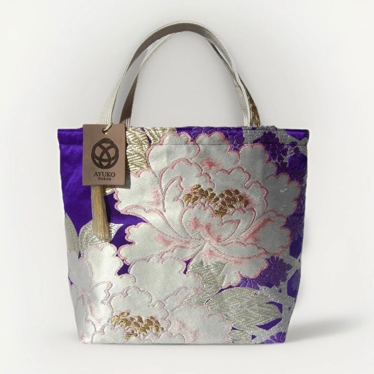 Vintage Fukuro Obi Mini Tote Bag — White Peony on Royal Purple Silk