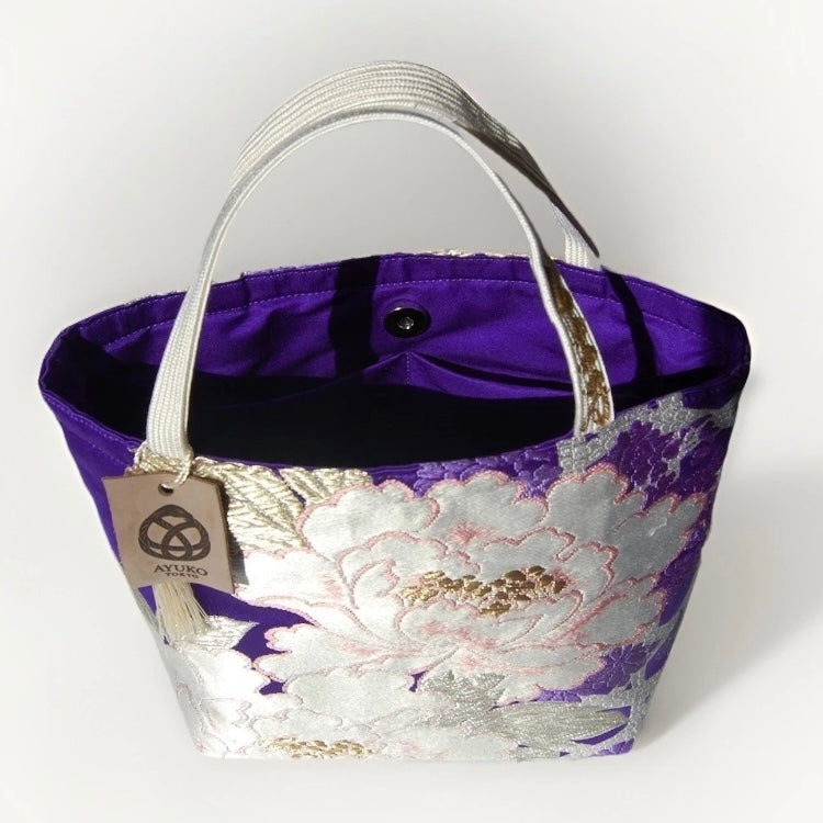 Vintage Fukuro Obi Mini Tote Bag — White Peony on Royal Purple Silk